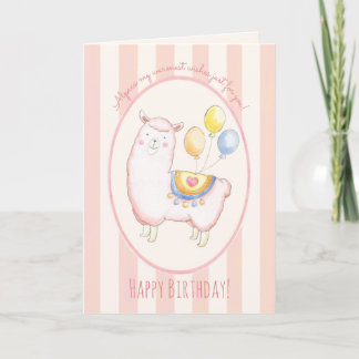 Aquarell-Alpaka mit Luftballon in Rosé zum Geburts Karte