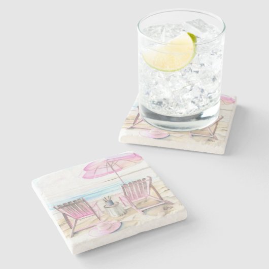 Aquarell am Strand Art Steinuntersetzer (Seitenansicht)