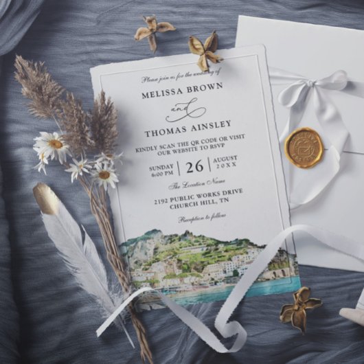 Aquarell Amalfi-Küste Budget QR-Code Hochzeit Einladung