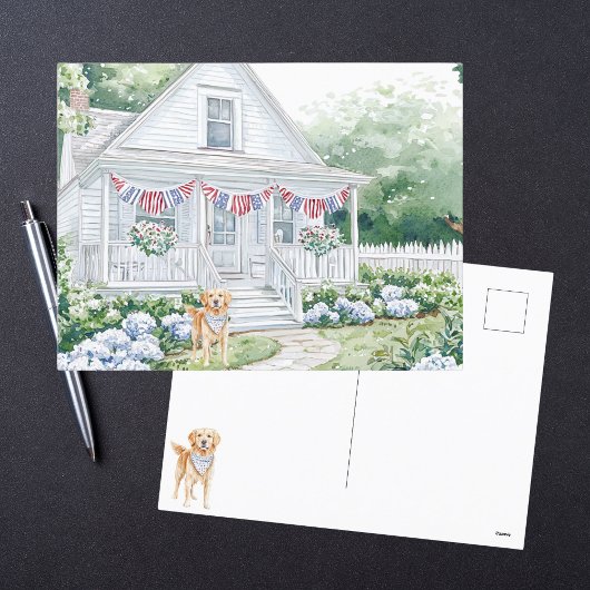 Aquarell Americana Patriotic Country Hütte Feiertagspostkarte