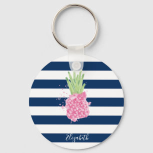 Aquarell-Ananas Tropisch ,Navy Blau Gestreift Schlüsselanhänger