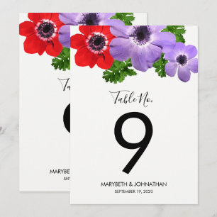 Aquarell-Anemone-Blumen-Tischnummernkarte Einladung