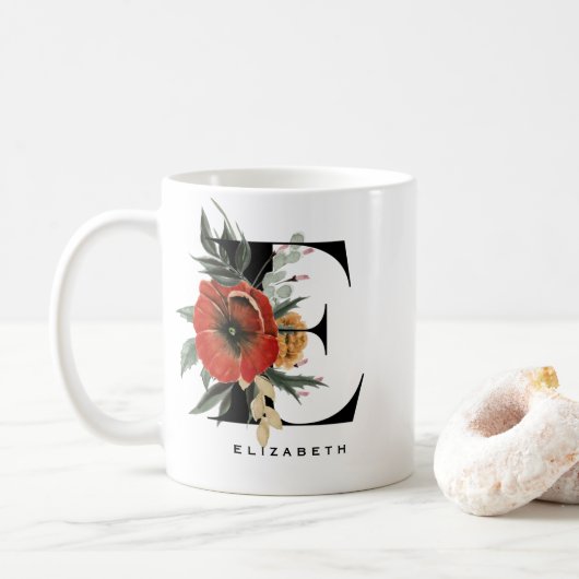 Aquarell-Anemone-Botanik-Initiale E-Monogramm Kaffeetasse (Mit Donut)