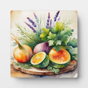 Aquarell-Anordnung frischer Kräuter und Zitrusfrüc Fotoplatte