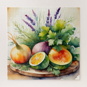 Aquarell-Anordnung frischer Kräuter und Zitrusfrüc Puzzle