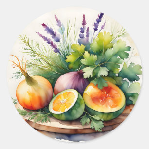 Aquarell-Anordnung frischer Kräuter und Zitrusfrüc Runder Aufkleber