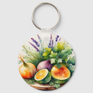 Aquarell-Anordnung frischer Kräuter und Zitrusfrüc Schlüsselanhänger