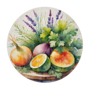 Aquarell-Anordnung frischer Kräuter und Zitrusfrüc Schneidebrett