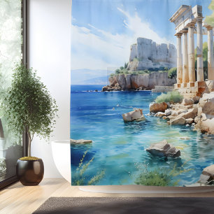 Aquarell Antike Griechische Küstenruinen Duschvorhang