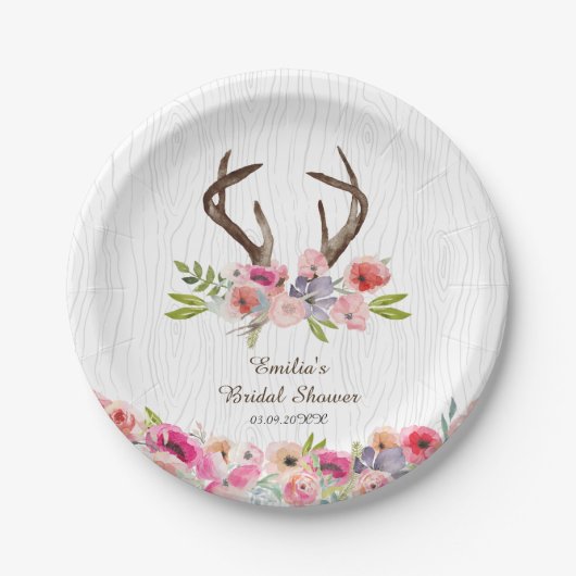 Aquarell Antlers Wildblumen Imitats Bois Dusche Pappteller (Vorderseite)