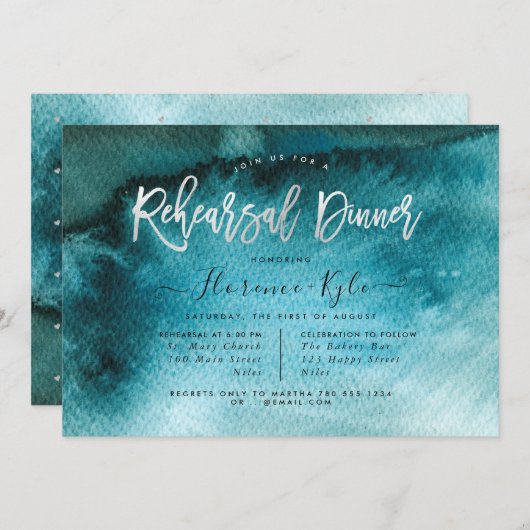 Aquarell Aquamarin Blue+Imitats Silver Probe Abend Einladung (Vorne/Hinten)