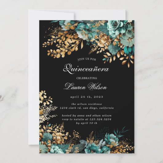 Aquarell Aquamarin Gold Floral Quinceanera Einladung (Vorderseite)