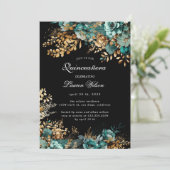 Aquarell Aquamarin Gold Floral Quinceanera Einladung (Stehend Vorderseite)