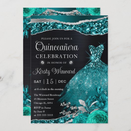 Aquarell Aquamarin Silver Glitzer Kleid Quinceaner Einladung (Vorne/Hinten)