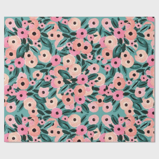 Aquarell Aquamarin und rosa Blüten Geschenkpapier (Flach)