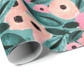 Aquarell Aquamarin und rosa Blüten Geschenkpapier (Rolleneckpunkt)