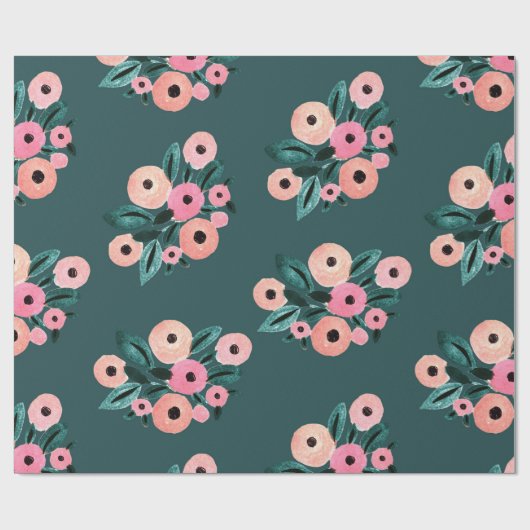 Aquarell Aquamarin und rosa Blüten Geschenkpapier (Flach)