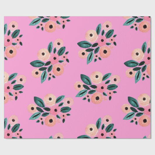 Aquarell Aquamarin und rosa Blüten Geschenkpapier (Flach)