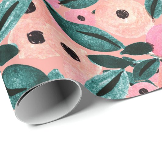 Aquarell Aquamarin und rosa Blüten Geschenkpapier (Rolleneckpunkt)