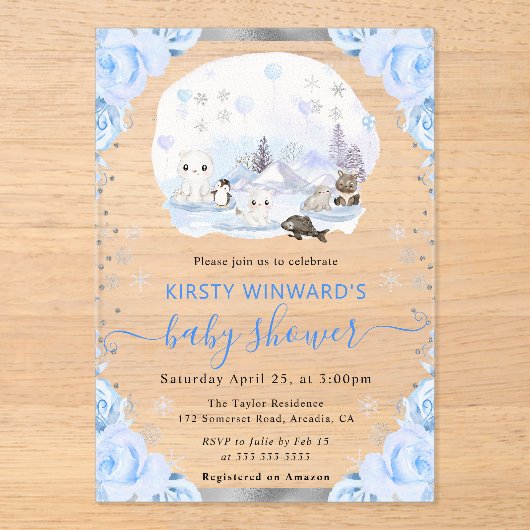 Aquarell Arctic Animals Floral Baby Dusche Acryleinladungen (Vorderseite)