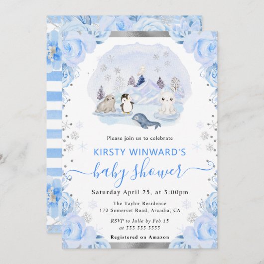 Aquarell Arctic Animals Floral Baby Dusche Einladung (Vorne/Hinten)