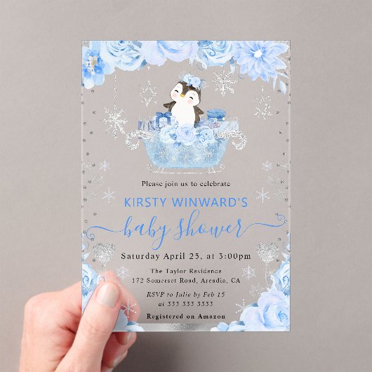 Aquarell Arctic Pinguin Floral Baby Dusche Acryleinladungen (Insitu (Handheld))