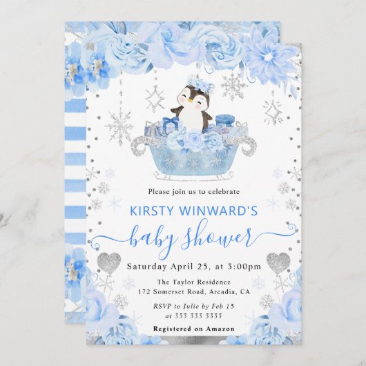 Aquarell Arctic Pinguin Floral Baby Dusche Einladung (Vorne/Hinten)