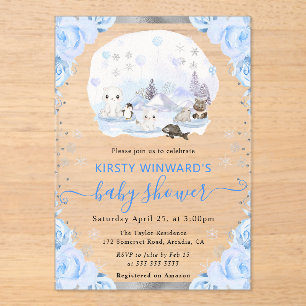Aquarell-Arktis-Tiere-Blumen-Baby-Party Acryleinladungen