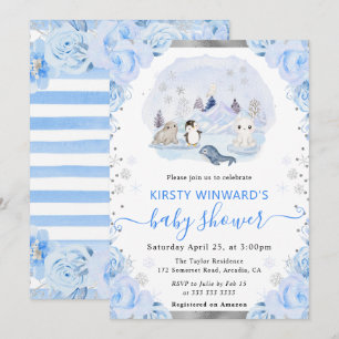 Aquarell-Arktis-Tiere-Blumen-Baby-Party Einladung
