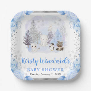 Aquarell-Arktis-Tiere-Blumen-Baby-Party Pappteller