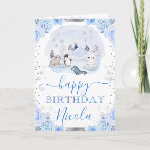 Aquarell-Arktis-Tiere-Blumen-Geburtstag Karte