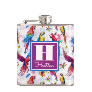 Aquarell-Art-Papageien   addieren Ihren Namen Flachmann