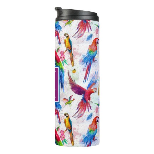 Aquarell-Art-Papageien | addieren Ihren Namen Thermosbecher (Nach rechts gedreht)