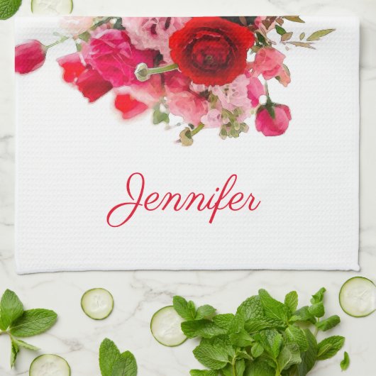 Aquarell Art Pink Rote Rosen Moderne Personalisier Geschirrtuch (Gefaltet)