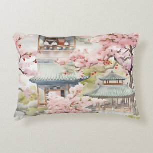 Aquarell Asiatische Pagode Amistkreuz Blüten Dekokissen