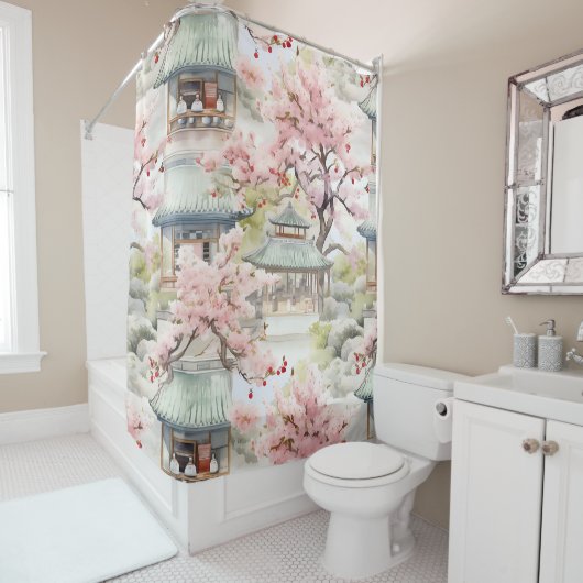 Aquarell Asiatische Pagode Amistkreuz Blüten Duschvorhang (Beispiel)