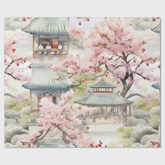 Aquarell Asiatische Pagode Amistkreuz Blüten Geschenkpapier (Flach)