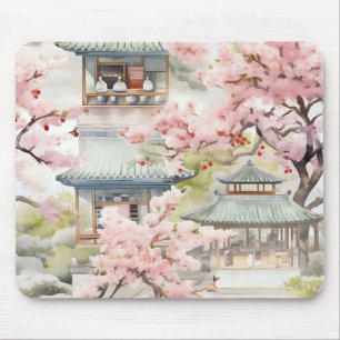 Aquarell Asiatische Pagode Amistkreuz Blüten Mousepad