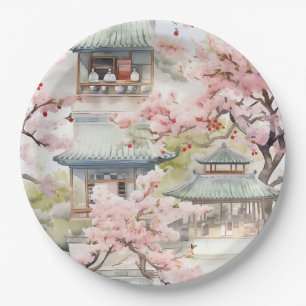Aquarell Asiatische Pagode Amistkreuz Blüten Pappteller