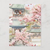 Aquarell Asiatische Pagode Amistkreuz Blüten Postkarte (Vorderseite)