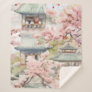 Aquarell Asiatische Pagode Amistkreuz Blüten Sherpadecke