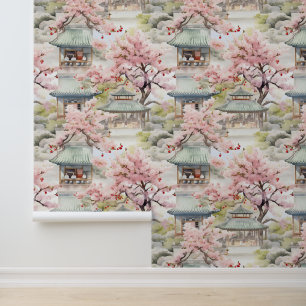 Aquarell Asiatische Pagode Amistkreuz Blüten Tapete
