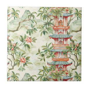 Aquarell-Asien-Pagode in üppiger Landschaft Fliese