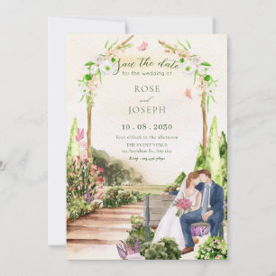 Aquarell-ästhetische Garten-Paar-Hochzeit Save The Date