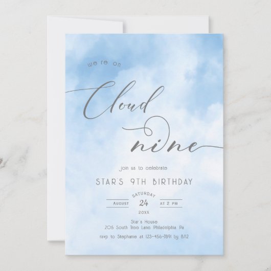 Aquarell auf Cloud 9 9. Geburtstag Einladung (Vorderseite)