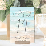Aquarell auf der Hochzeit am Strand Tischnummer<br><div class="desc">Einfache Tischnummer für Hochzeiten am Meer. Bringen Sie eine Touch an der Küste zu Ihrem Hochzeitsempfang mit dieser Tischnummer zum Thema Strand, die in einem beruhigenden Aquarelldesign in sanften Blau- und Bräunungstönen gestaltet ist. Das abstrakte Strandkunstwerk erscheint auf beiden Seiten, sodass es aus jedem Blickwinkel leicht zu sehen ist. Oben...</div>