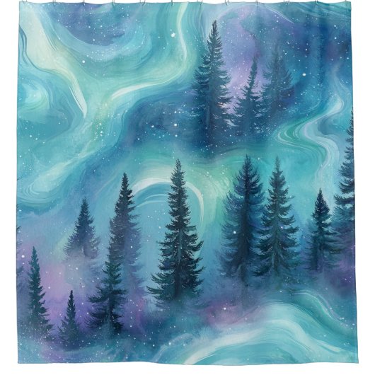 Aquarell Aurora Borealis Wald Duschvorhang (Vorderseite)