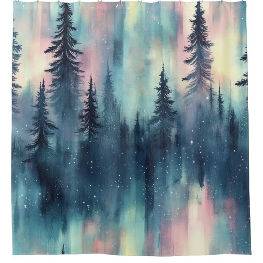 Aquarell Aurora Borealis Wald Duschvorhang (Vorderseite)