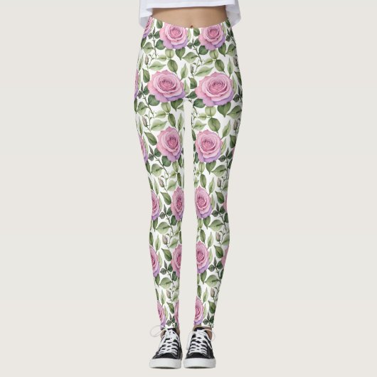 Aquarell aus rosa und lavendelfarbenen Rosen Leggings (Vorderseite)