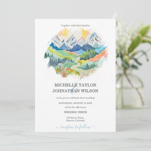 Aquarell Außengebirge Hochzeit in Urlaubsort Einladung (Stehend Vorderseite)